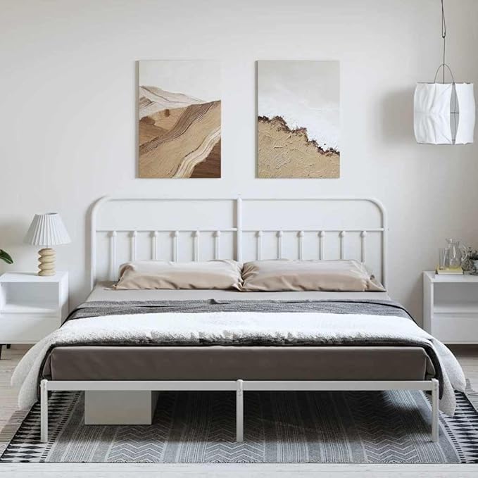 Bed Frame White Powder-Coated Steel Bedroom Furniture headboard for Bedroom 76 in x 80 in Industrial