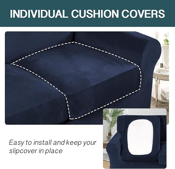 FantasDecor 4 Piece Sofa Velvet Couch Covers for 3 Cushion Stretch Slipcover with Individual Seat Cushion Elastic Furniture Protector for Pets, Machine Washable (Large Sofa, Navy)