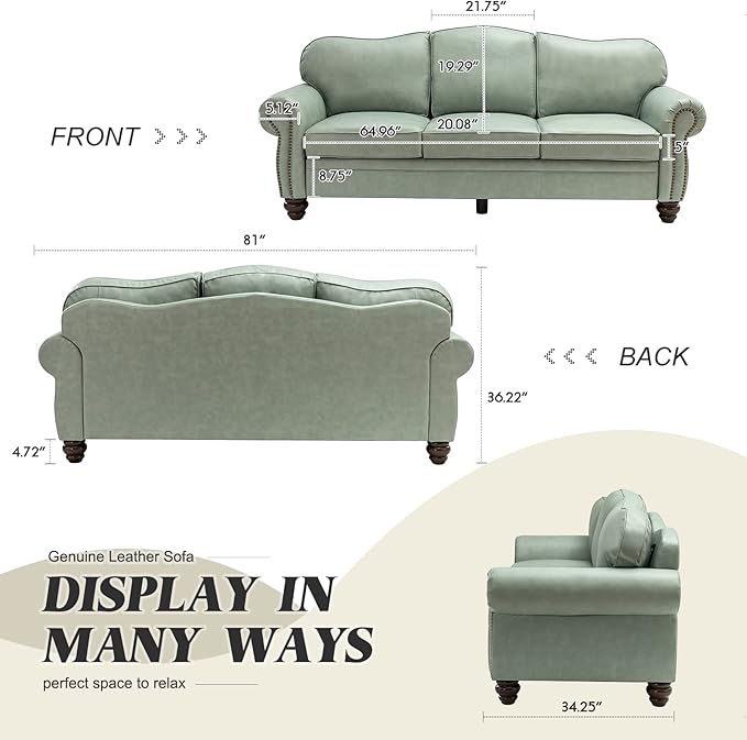 HULALA Home 81'' Genuine Leather Sofa with Nailhead Trim and Rolled Armrests, Mid-Century Modern Living Room 3-Seater Couch, Sage Couch with Removable Cushion for Bedroom Apartment