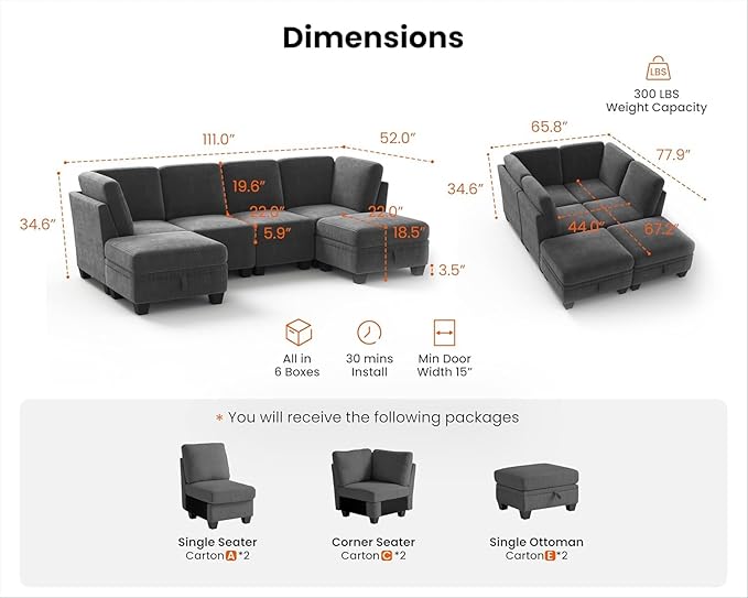CHIC HOUSE Modular Pit Sofa, Corduroy Cuddle Couch with Storage Ottoman, Sleeper Sofa Square Daybed for Living Room & Cinema, Cloud Pit Alternative, (6 Seater Compact Sleeper, Dark Grey)