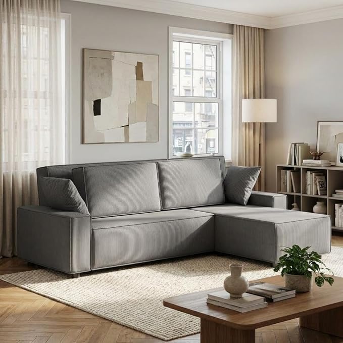 GAOMON Fine Stripe Corduroy Sectional Sofa, l Shaped Modern Corduroy Couch, Comfy Sofa Couch with Deep Chaise for Living Room, Apartment, Hotel, 96" w*61" d*32" h, Dark Grey