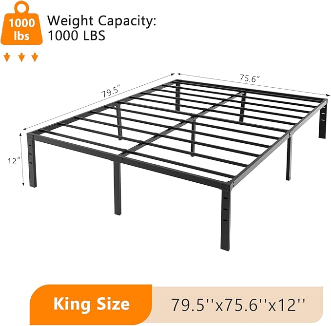 VINGLI 12 Inch King Bed Frame, Heavy Duty Metal Platform - No Box Spring Needed,Reinforced Steel Slats, Noise-Free, Easy Assembly, Ample Underbed Storage, Black