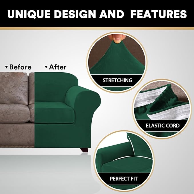 PrinceDeco Velvet Couch Covers for Sofa Soft 4 Pieces Couch Covers for 3 Cushion Couch Sofa Pet Friendly Furniture Protector with Non Slip Elastic Bottom Width Up to 97 Inch (Large Sofas, Green)