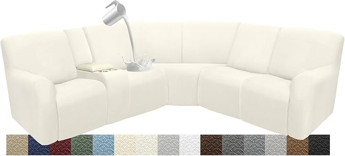 Waterproof Reclining Sectional Couch Covers Washable L Shaped Couch Cover for Sectionals Recliner Sofa Covers Stretch Corner Recliner Slipcovers for Dogs (5 Seater 1 Console Cover, Cream)