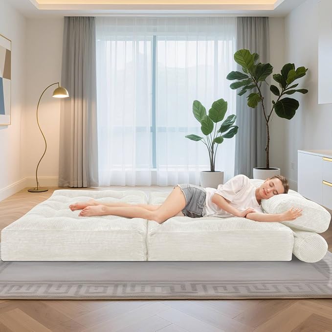 HABUTWAY Folding Sofa Bed, Foldable Floor Sofa Lounge w/Dual-Pillow & Handle, Convertible Sleeper Chair Bed w/Back Support for Living Room, Bedroom, Apartment, Office, Beige, Full