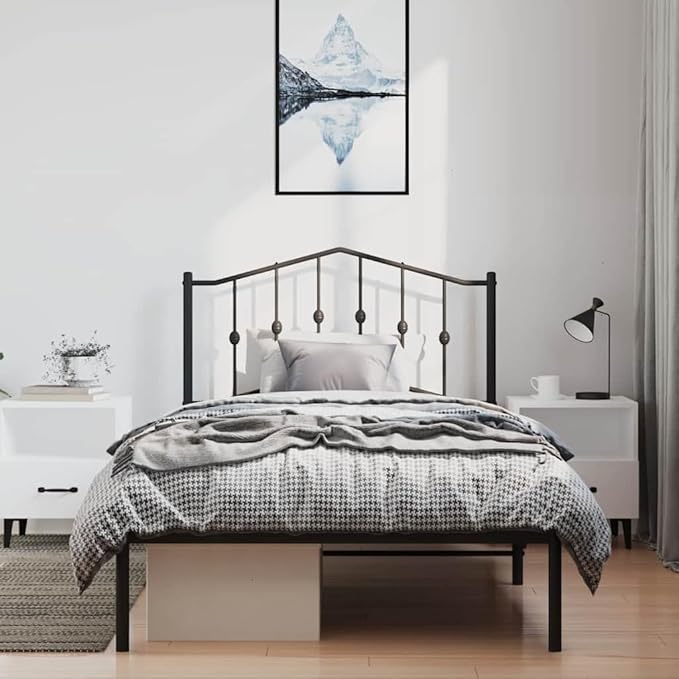 Modern Single Bed Frame with Black Finish, Sturdy Steel Construction and Metal Slats for Maximum Support up to 220.5 lb, Space-Saving Design Ideal for Bedroom or Guest Room