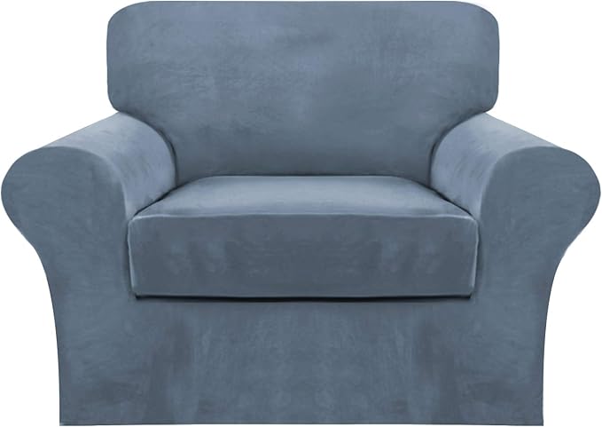 FantasDecor 2 Piece Chair Sofa Covers Velvet for Living Room Slipcovers with Individual Cushion Elastic Furniture Protector for Pets, Machine Washable (Armchair, Stone Blue)