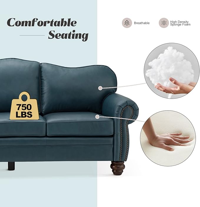 HULALA Home 81'' Genuine Leather Sofa with Nailhead Trim and Rolled Armrests, Mid-Century Modern Living Room 3-Seater Couch, Turquoise Couch with Removable Cushion for Bedroom Apartment