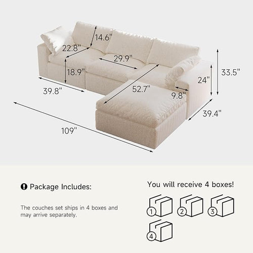 109’’ Cloud Couch for Living Room, Boneless Modular Sectional Sofa L-Shape with Ottoman Washable Cushion Cover, No Assembly Required, White (3-Seat + 1 Ottoman)