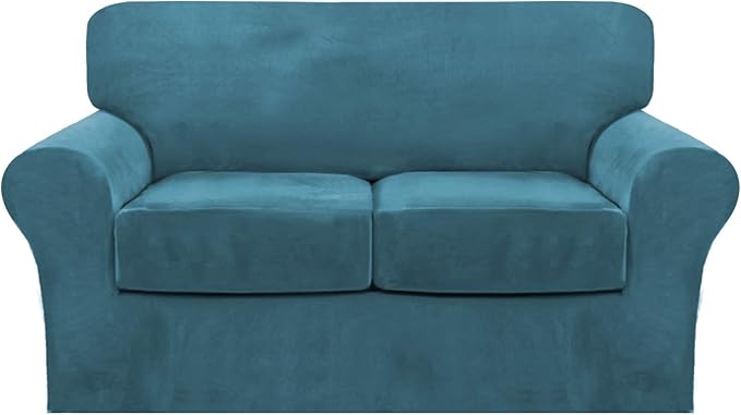 FantasDecor 3 Piece Sofa Covers Velvet for 2 Cushion Couch Stretch Loveseat Slipcover with Individual Seat Elastic Furniture Protector for Pets (Loveseat,PeacockBlue)