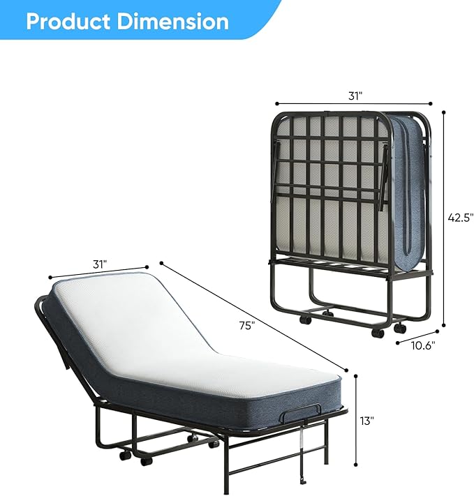 Mjkone Folding Bed with Mattress, 5 Inch Rollaway Bed for Adults, 75" x 31" Roll Away Beds with Lockable Wheels, Sturdy Metal Fold Up Frame for Bedroom/Guest, Space Saving
