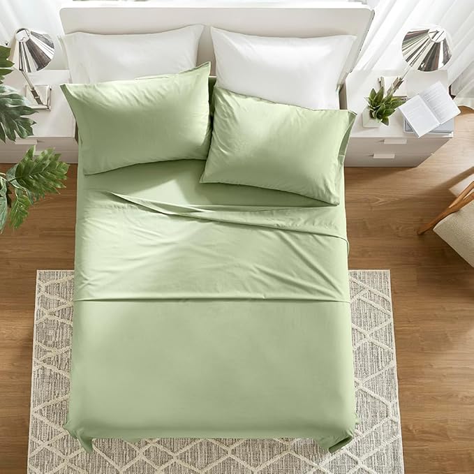 Comfort Spaces 100% Cotton Sheets King, Breathable & Soft Cotton Sheets, Naturally Cool Cotton Bed Sheets with 14" Elastic Pocket Fits up to 16" Mattress, All Seasons Sheet Set, Sage Green 4 Piece