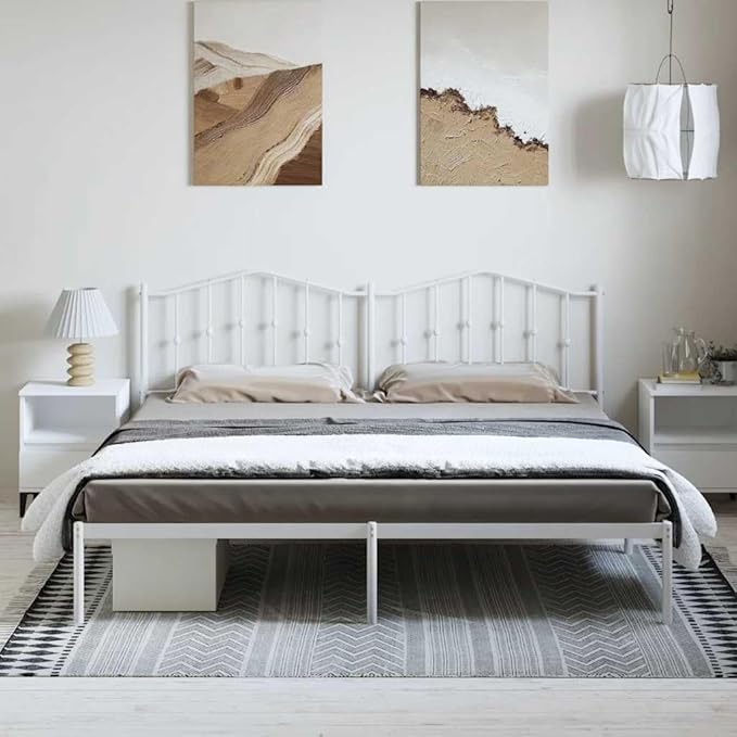 Modern Metal Bed Frame with Sleek White Finish, Contemporary Design for Bedroom, Durable Steel Structure for Couples and Guest Rooms, Easy Maintenance Powder-Coated Surface