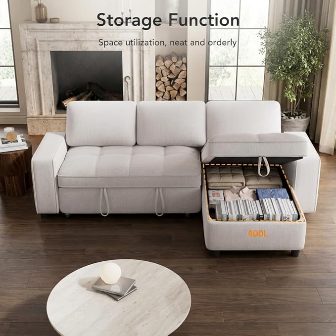 WEUP Modular Sectional Sleeper Sofa Bed, 81" L-Shaped Couch Bed with Adjustable Backrest, Pull Out Couch with Reversible Chaise Storage, USB Charging & Tool-Free Assembly, Chenille Beige | Breathable material, Tool-Free Assembly, Reclining Backrest