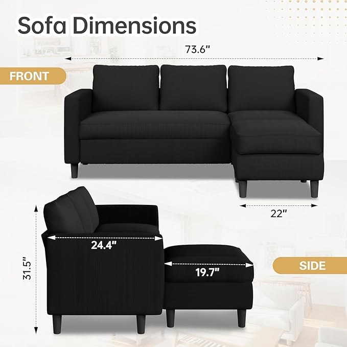 JAMFLY Couches for Living Room, 3-Seat Reversible Sectional Sofa with Convertible Ottoman, Modern Ribbed Fabric L-Shaped Couch for Small Apartment, Studio & Office, Easy Assembly, Black