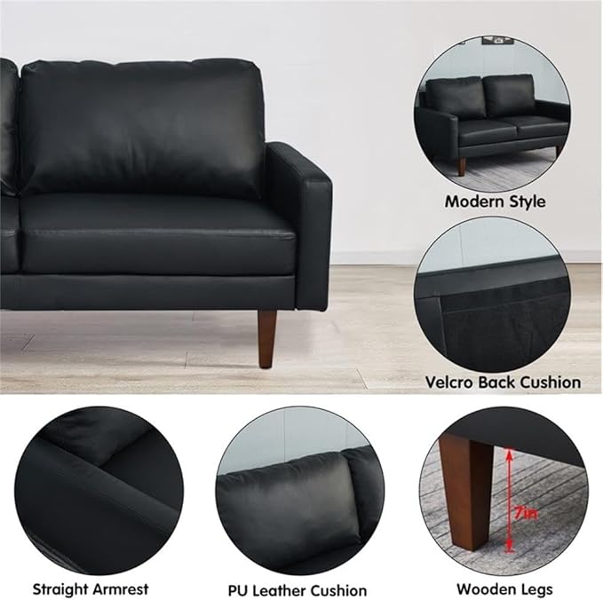 Pemberly Row Modern PU Leather Sofa Couch with Wooden Legs – Black, 70 Inch Upholstered Sofa, High-Density Cushion, Straight Arm Design for Living Room, Apartment or Office
