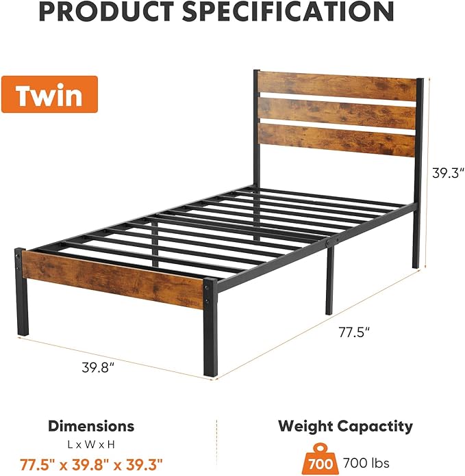 Sweetcrispy Twin Size Metal Platform Bed Frame - Mattress Foundation with Headboard and and Footboard, No Box Spring Needed with 700LBS Sturdy Wooden Slats Support, Noise Free, Easy Assembly