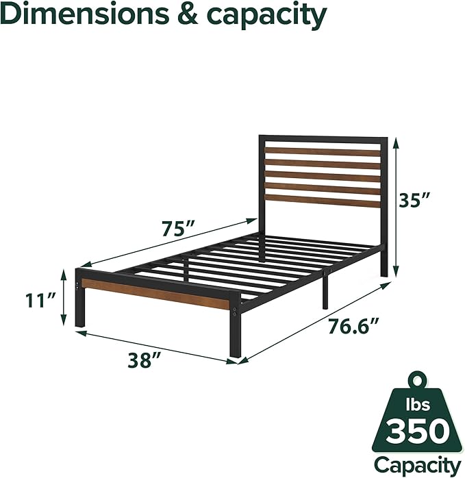 Zinus Kai Bamboo and Metal Platform Bed Frame with Headboard, No Box Spring Needed, Easy Assembly, Twin, Brown