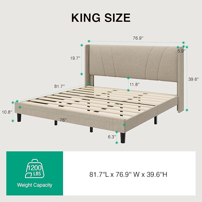 Novilla King Bed Frame, King Bed Frame with Headboard, Linen Upholstered Wing Side Headboard, No Box Spring Needed, Heavy Duty Feet, Easy Assembly, Beige