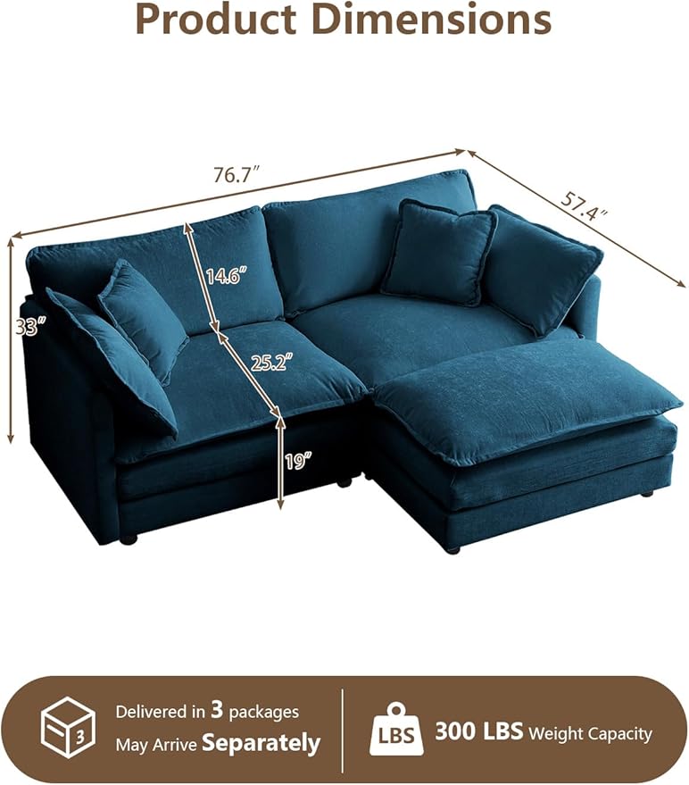 Modular Sectional Sofa with Ottoman, 76.7" Modern L Shaped Sectionals Cloud Couch, Comfy Couch Loveseat, 3 Seat Chenille Deep Seat Sofa with Pillow for Living Room, Bedroom Apartment,Small Spaces-Blue