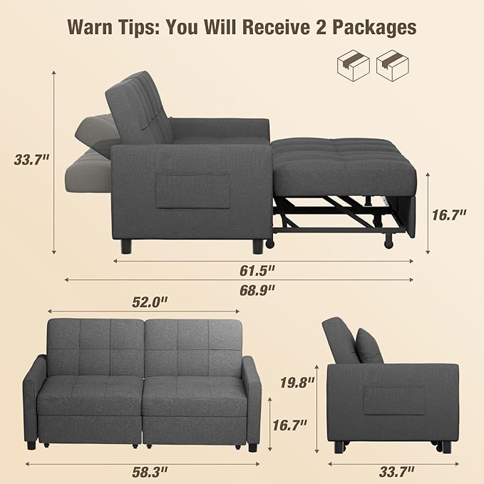 Aiho 58" Sleeper Sofa Bed, Pull-Out Couch with Adjustable Backrest and Side Pocket for Living Room (Dark Gray)