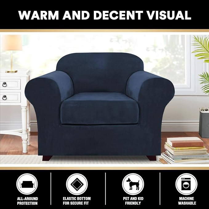 PrinceDeco Velvet Plush Couch Cover Stretch 2 Piece Chair Cover Chair Slipcover Washable Furniture Protector Couch Soft with Elastic Bottom Armchair Cover Width Up to 49 Inch(Small,Navy)