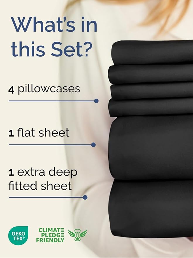 Extra Deep Cal King Sheet Set - 6 Piece Breathable and Cooling Sheets - Hotel Luxury Bedding for Women, Men, Kids & Teens - Easy Secure Fit - Soft, Wrinkle Free and Comfy - Extra Deep Pockets - Black