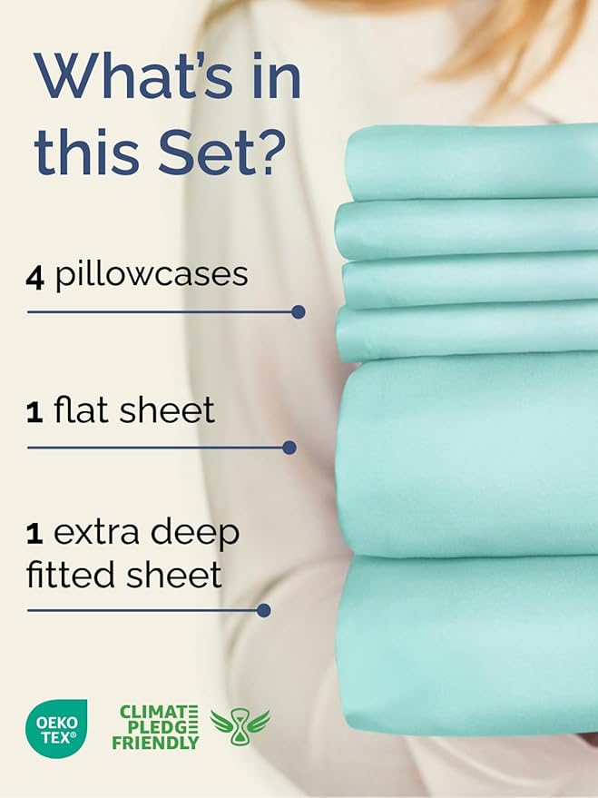 Extra Deep Queen Sheet Set - 6 Piece Breathable and Cooling Sheets - Hotel Luxury Bedding for Women, Men, Kids & Teens - Easy Secure Fit - Soft, Wrinkle Free and Comfy - Extra Deep Pockets - Spa Blue