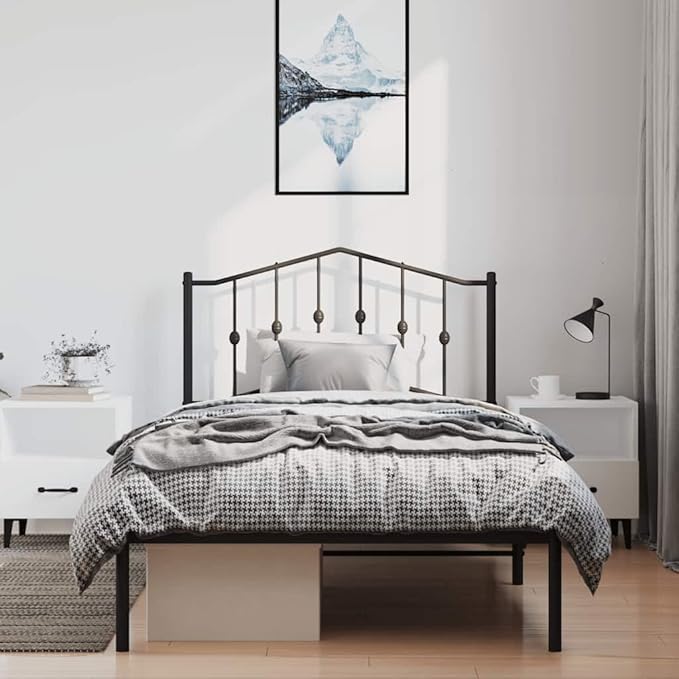 Twin Bed Frame with Headboard, Sturdy Powder-Coated Steel Construction in Black Finish for Modern Bedroom, Heavy-Duty Support with Underbed Storage Space