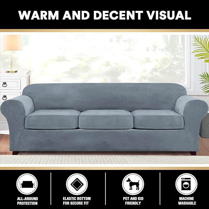 PrinceDeco Velvet XL Couch Cover for Oversized Sofa 4 Piece Sofa Covers for 3 Cushion Couch Washable Furniture Protector with Non Slip Elastic Bottom Width Up to 97 Inch(X-Large, Stone Blue)