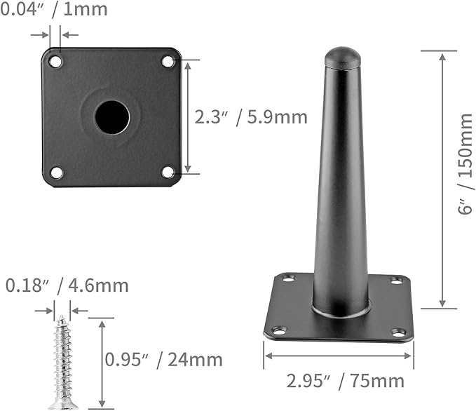 4pcs 6 Inch Furniture Legs, Straight Conical Metal Legs Matte Black Mid-Century Style Furniture Feet for Sofa Cabinet Table Chair Cupboard Couch Ottoman Home DIY Projects