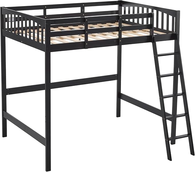 VINGLI Loft Bed Twin Size with USB Charging Station/LED, Solid Wood Single Loft Bunk Bed with Flat Rungs for Kids/Teens/Adults, 15 inches High Guardrail,Wood Slat Support No Box Spring Needed, Black
