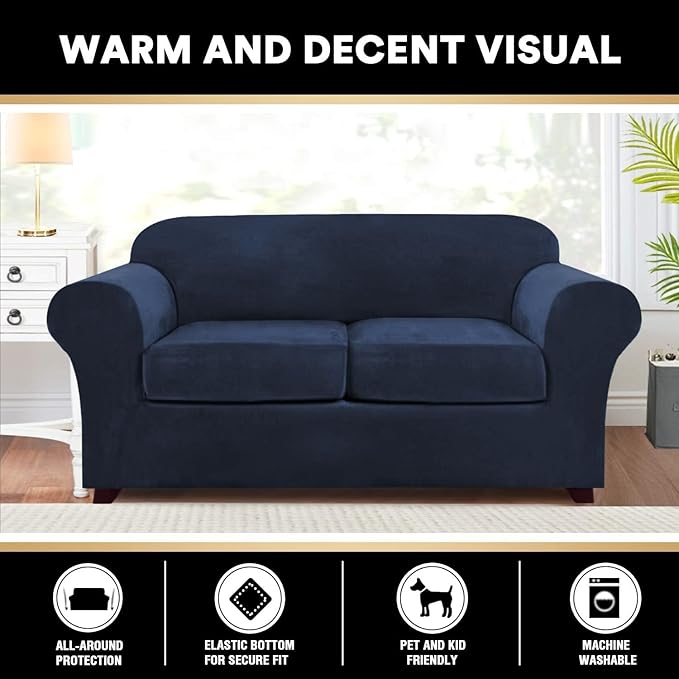 PrinceDeco Couch Cover Velvet Plush Sofa Covers for 2 Cushion Couch Width Up to 90 Inch Washable Furniture Protector Pet Friendly No Slip Sofa Slipcover(Medium-Large, Navy)