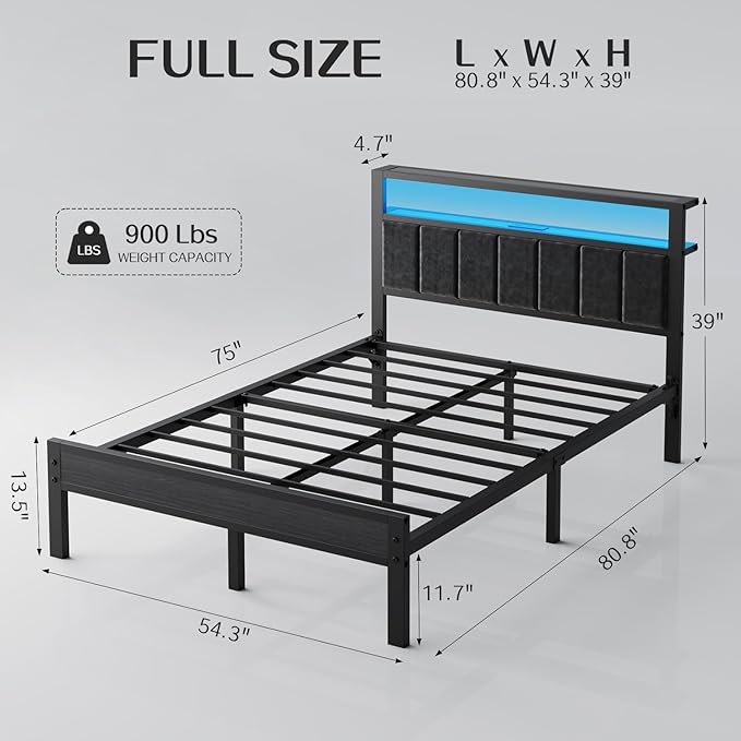 OLEVS Full Size Bed Frame with LED Lights & Charging Station, Modern Platform Bed with Upholstered Storage Headboard, No Box Spring Needed Easy Assembly