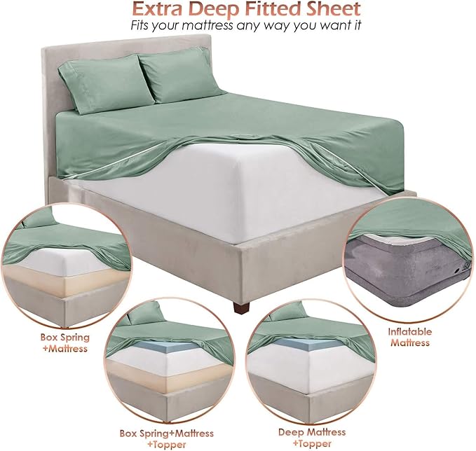 Hearth & Harbor Bed Sheets, Luxury Soft 6 Piece Bed Sheet Set Extra Deep Pocket Fitted Sheets Fits Mattress up to 21", Double Brushed Bedding Sheets & Pillowcases, Cal King, Ice Green