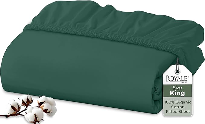 Royale Linens 100% Organic Cotton Fitted Sheet - Percale Weave - Super Soft Deep Pocket Bottom Sheets - Elastic Sheet King Size - King Fitted Sheets Only - (78"x80"+15", Hunter Green)