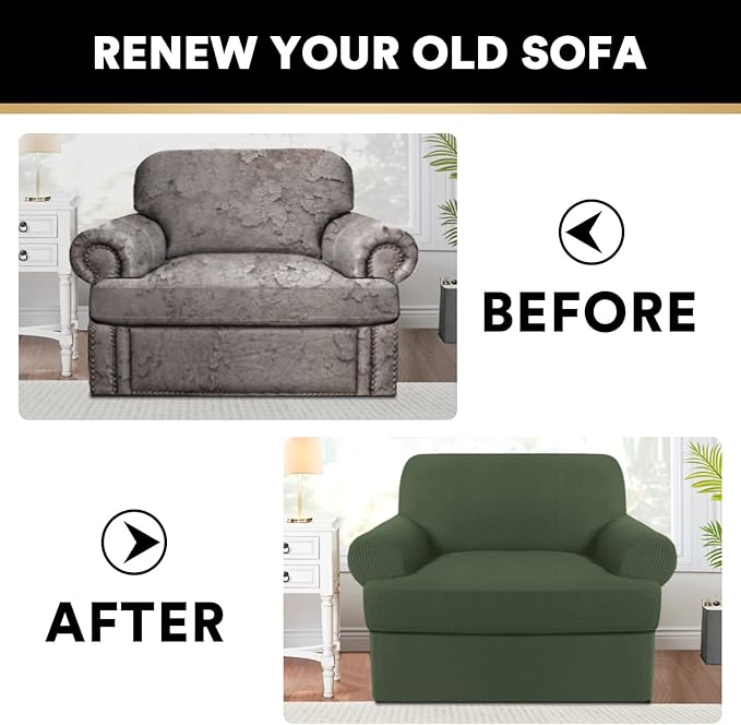 PrinceDeco 2 Pieces T Cushion Chair Slipcover Stretch Couch Covers for T Cushion Sofa Slipcovers Chair Covers for Armchair with 1 Individual T Shape Seat Covers (29"-40"), Bronze Green