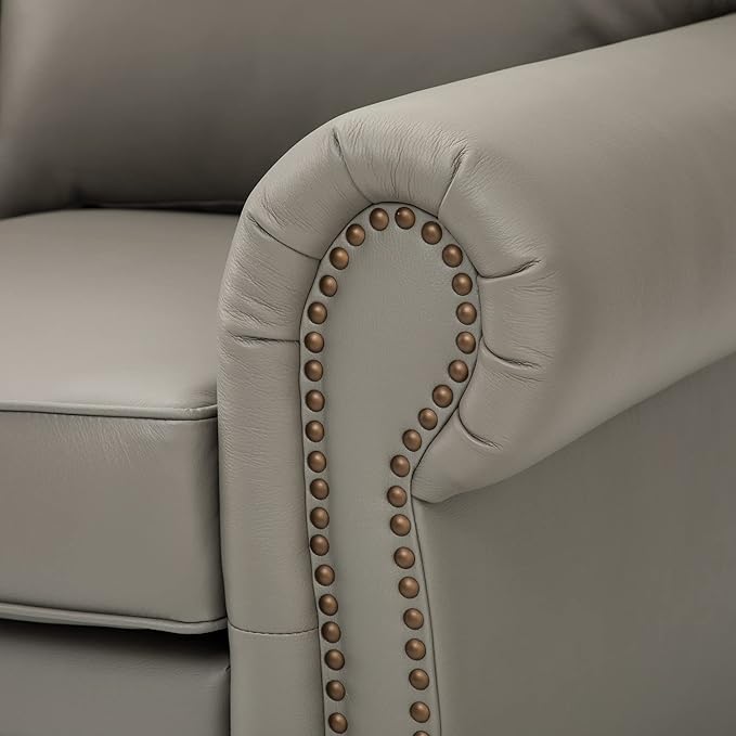 HULALA Home 81'' Upholstered Leather Sofa with Nailhead Trim and Rolled Armrests, Mid-Century Modern Living Room 3-Seater Couch, Grey Couch with Removable Cushion for Bedroom Apartment