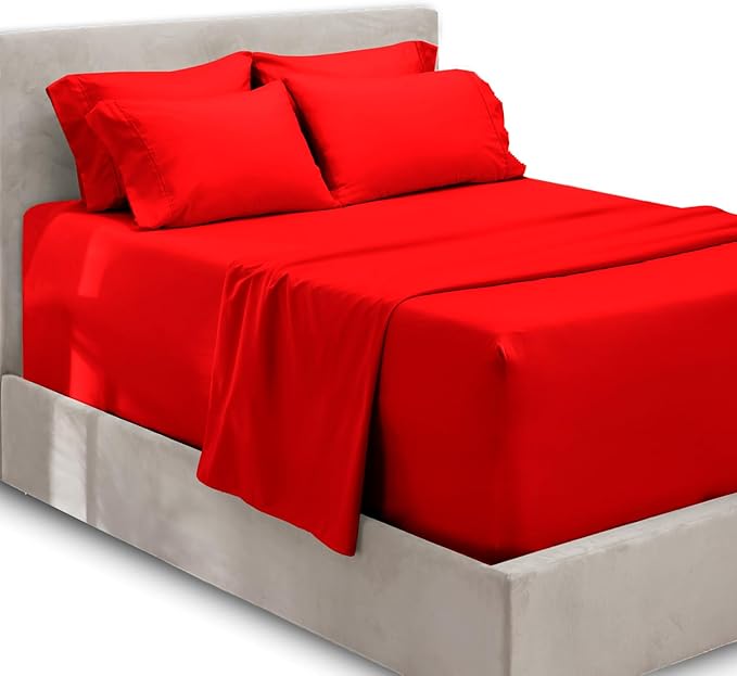 Hearth & Harbor Extra Deep Pocket Sheets - Fits Mattress 18-24 Inches Deep - Extra Deep Pocket California King Size - 6 Piece Cal King Sheets - Cal King, Cherry Red