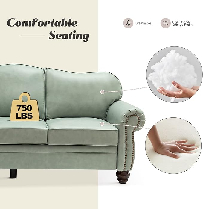 HULALA Home 81'' Genuine Leather Sofa with Nailhead Trim and Rolled Armrests, Mid-Century Modern Living Room 3-Seater Couch, Sage Couch with Removable Cushion for Bedroom Apartment