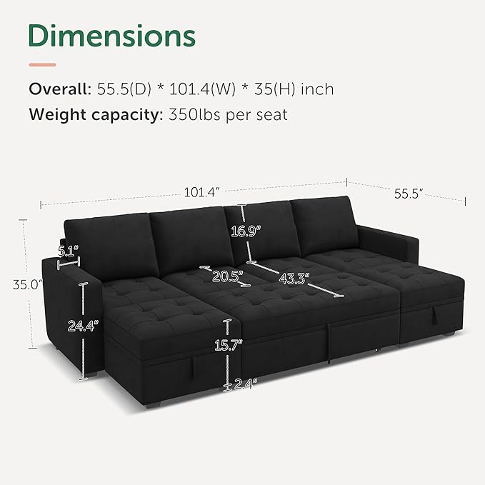 HONBAY Modular Sectional Sleeper Sofa with Pull Out Bed, Velvet Convertible L Shaped Couch with Storage Seat, Sectional Couches for Living Room, Black