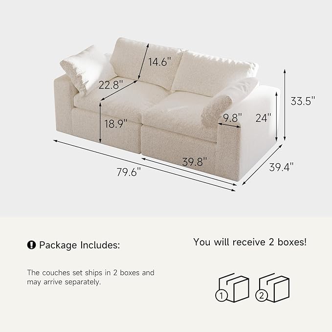 Loveseat Cloud Couch for Living Room, 2-Seater Boneless Couch Sofa with Washable Cushion Cover for Small Space, No Assembly Required, White (2-Seat)