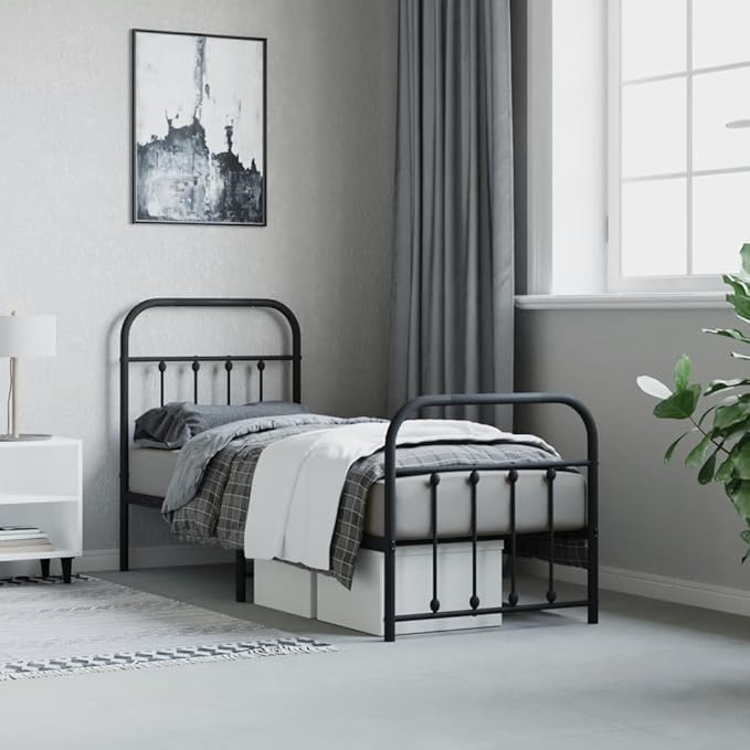 Bed Frame Black Powder-Coated Steel Small Single Bed Frame headboard Bedroom Furniture for Living Room