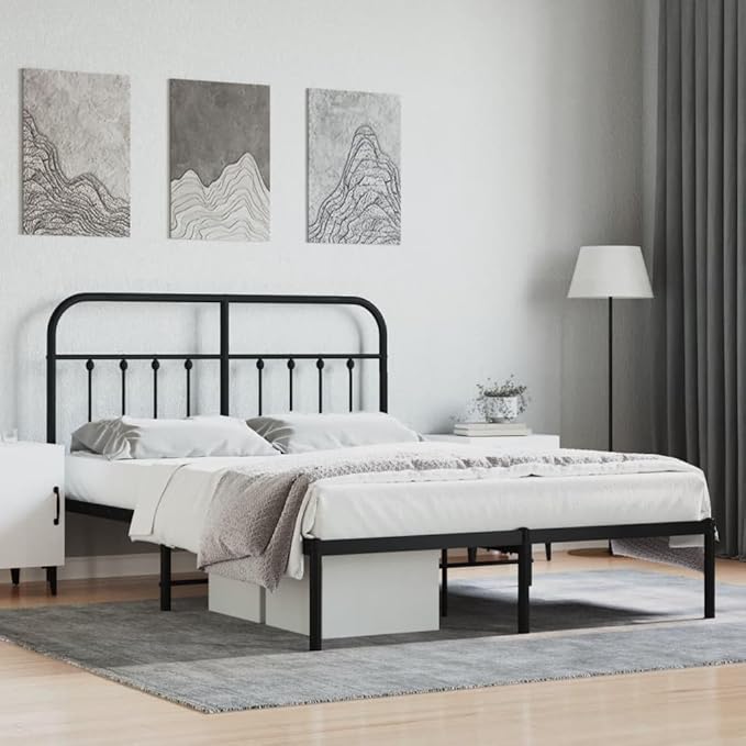 Bed Frame Black Steel Bed Frame Bedroom Furniture for Guest Room 55.1x78.7 in Metal Rectangular