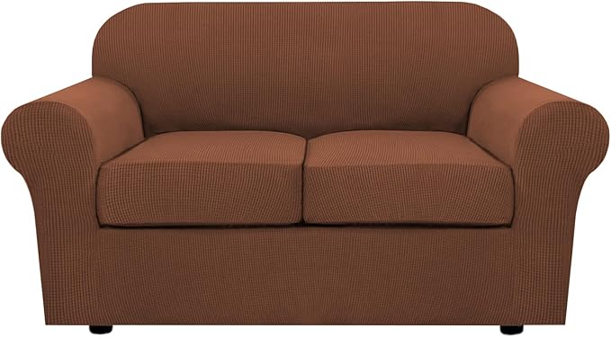 H.VERSAILTEX 3 Piece Stretch Sofa Covers for 2 Cushion Loveseat Couch Covers for Living Room Furniture Cover (Base Cover Plus 2 Seat Cushion Covers) Thicker Jacquard Fabric(Medium Sofa, Caramel)
