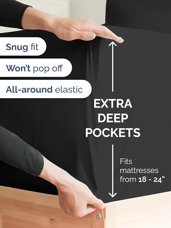 Extra Deep Split King Sheet Set - 7 Piece Breathable and Cooling Sheets - Hotel Luxury Bedding for Women, Men, Kids & Teens - Easy Secure Fit - Soft, Wrinkle Free & Comfy - Extra Deep Pockets - Black