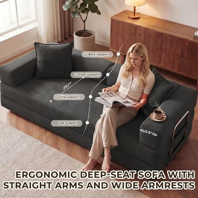 78 Inch Convertible Sofa Bed, 5-in-1 Futon Sofa Bed Pull Out Couch, Boneless Couch Bed for Living Room, Corduroy Boneless Couches for Bedroom, Apartment, No Assembly Sleeper Sofa Bed, Gray | 4 Fixed-Shape Frame, Removable Corduroy, High-density foam, W...