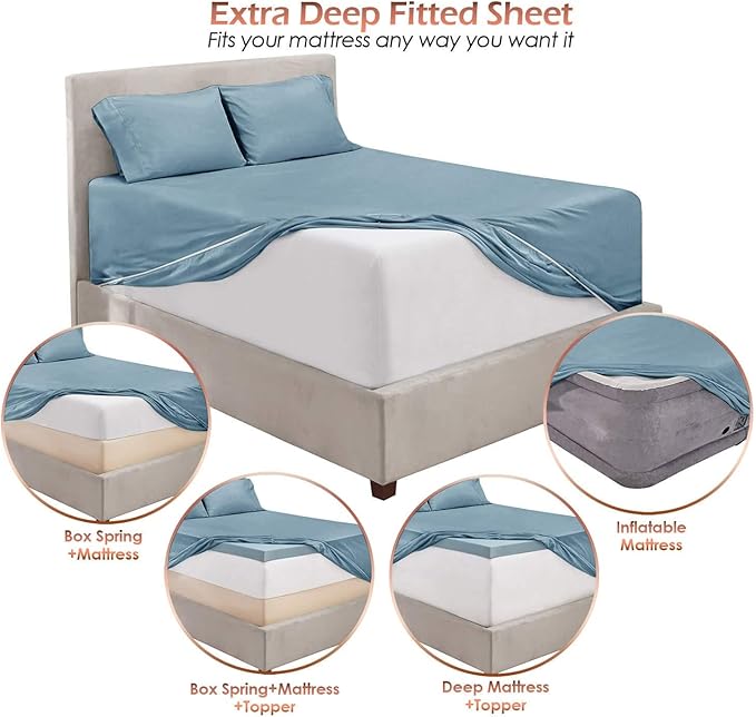Hearth & Harbor Bed Sheets, Luxury Soft 6 Piece Bed Sheet Set Extra Deep Pocket Fitted Sheets Fits Mattress up to 21", Double Brushed Bedding Sheets & Pillowcases, King, Soft Blue