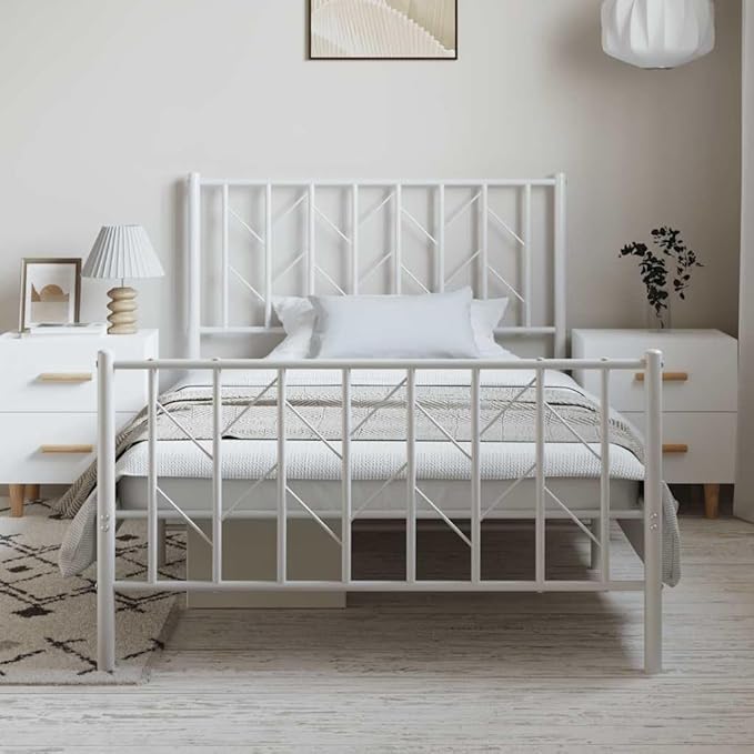 Bed Frame White Steel Single Bed Frame Rectangular Durable Adult for Bedroom