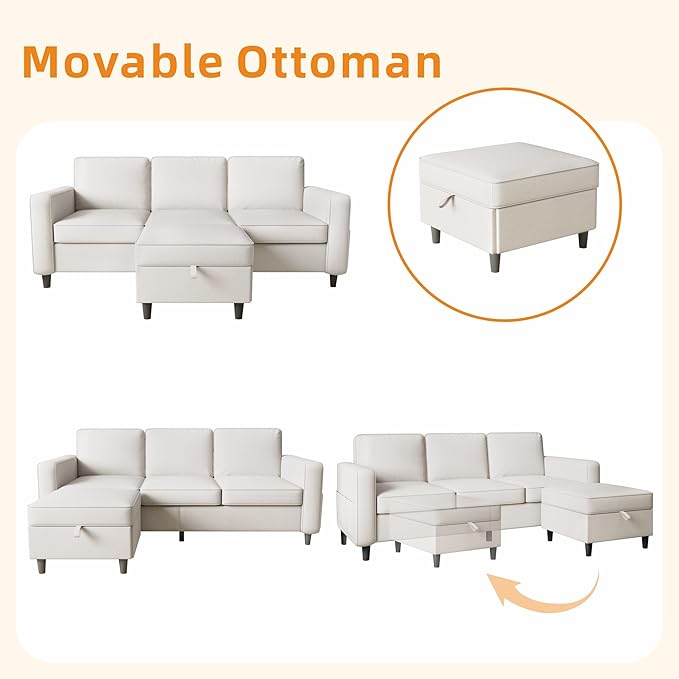 78" Sectional Sofa Couches for Living Room, Convertible L Shaped Couch with Storage Ottoman, Deep Seat Pet-Friendly Linen Fabric Sofa Set for Small Space, Apartment, Dorm